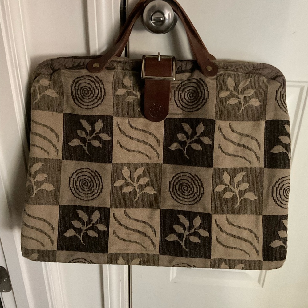 Unusual Carpet Bag, brown tapestry, leather handles, large
